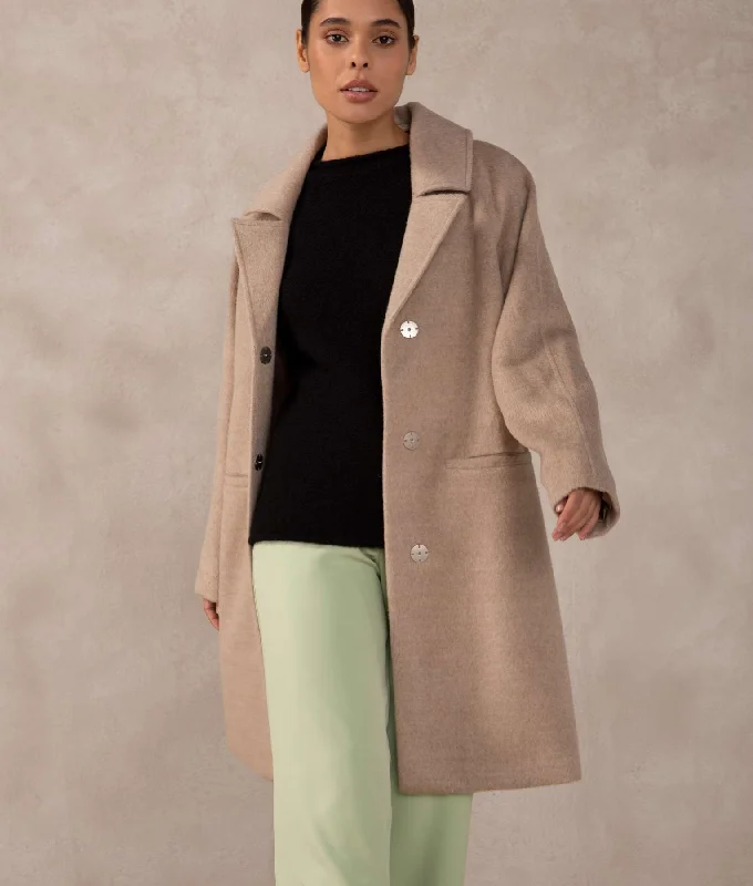 Women's Coats with Fur Trimmed CollarSand Curved Yoke Long Baby Alpaca & Wool Overcoat