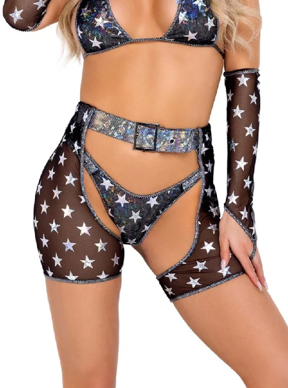 Roma Rave Festival Mesh Stars Print Chaps with Belt Black/Silver