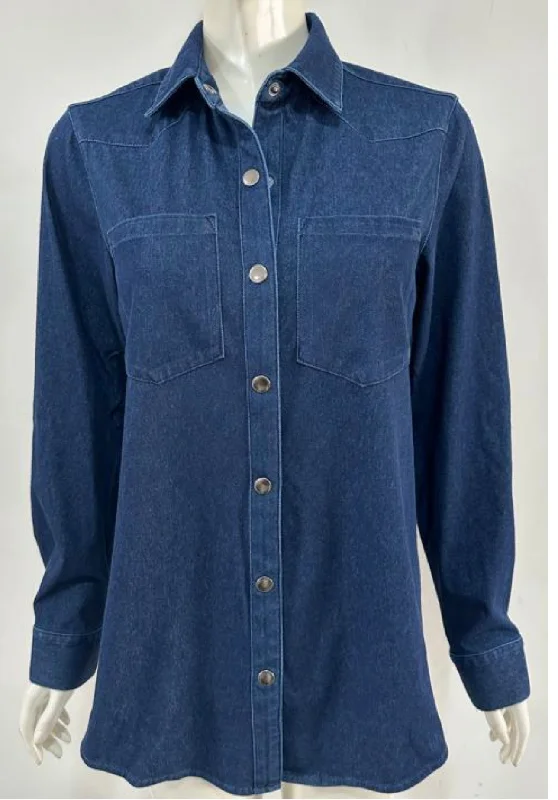 Stylish Women's CoatsDenim Blue Knit Long Sleeve Women's Snap Up Shirt