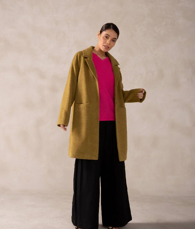 Women's Coats with Fur Trimmed CollarCurved Yoke Long Baby Alpaca & Wool Overcoat