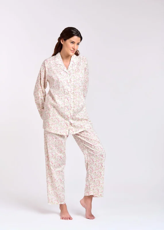 cozy women's flannel pajamasPYJAMA SET - LONG SLEEVES - WHITE WITH PINK FLOWERS