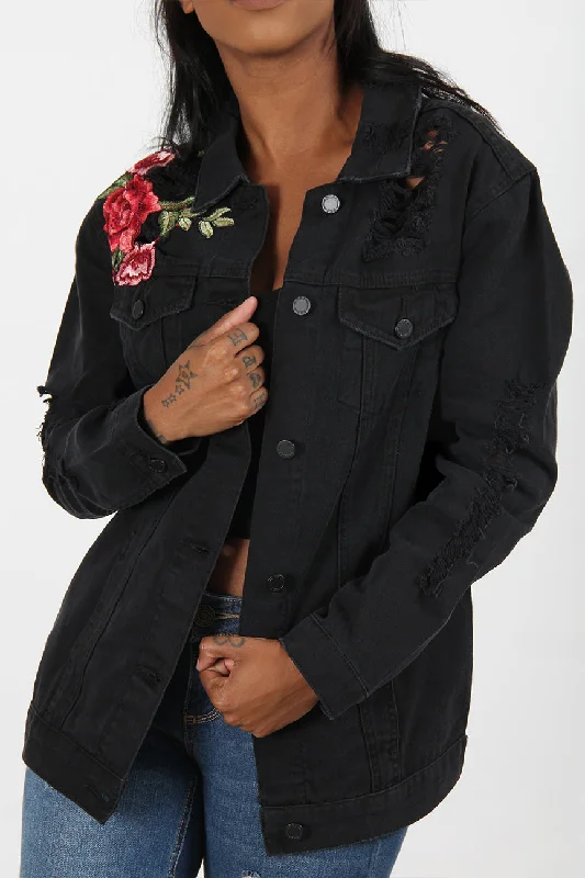 Stylish Women's CoatsDestructed Rose Patch Denim Jacket