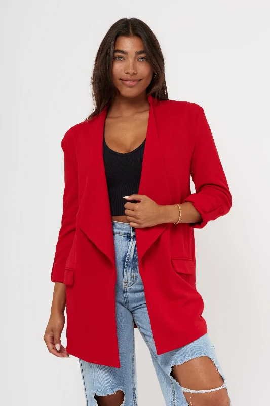 Women's Coats with Fur Trimmed PocketsCascade Front Knit Crepe Blazer