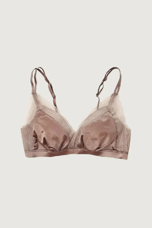 wireless lace bra with adjustable straps for versatility柔絲・緞面拼接三角杯｜摩卡