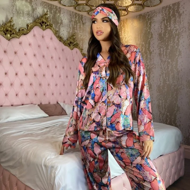 women's pajamas for cold weather2 Piece Butterfly Print Satin Silk Pajamas Set With Headwear