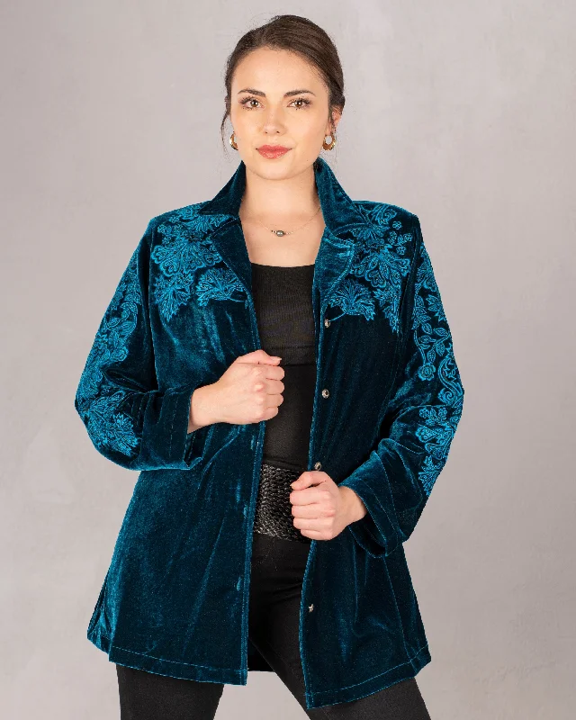 Women's PeacoatsNicole Teal Velvet Shirt Jacket by Vintage Collection