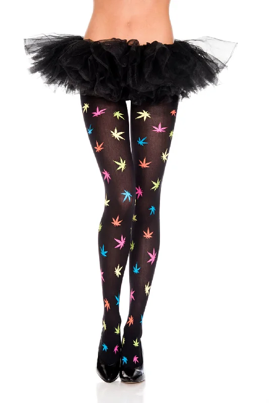 Multicolor Leaf Print Pantyhose - One Size