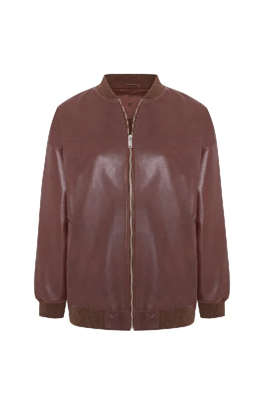 Women's Coats with Fur TrimmedLea Women's Oversize Bomber Leather Jacket - Cognac