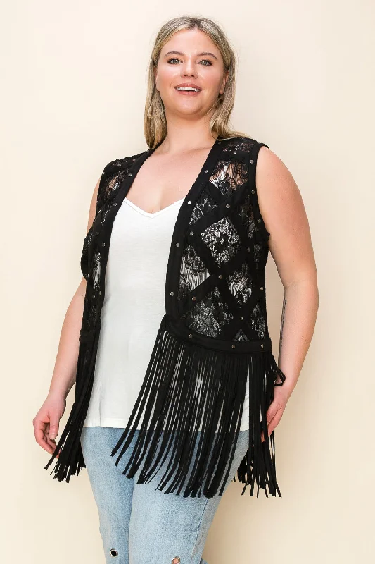 Women's Denim CoatsBlack Lace & Studs Ultra Suede Vest w/ Fringe