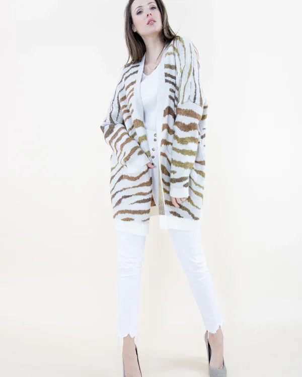 Women's PeacoatsGold & White Tiger Print Cardigan w/ Pockets