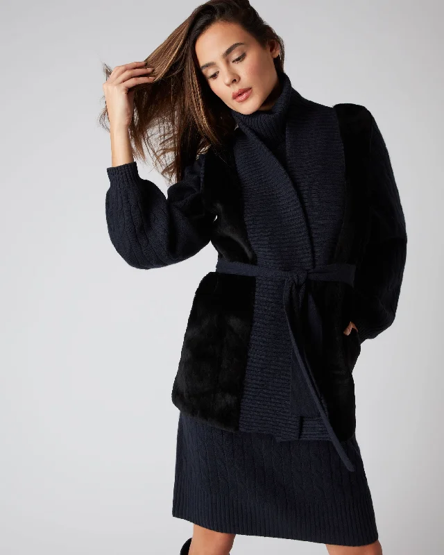 Women's Coats with Fur Trimmed SleevesWomen's Shearling Belted Cashmere Gilet Navy Blue