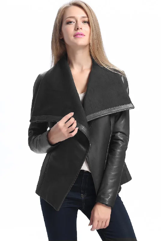 Women's Coats with Fur Trimmed SleevesBGSD Women Lily Lambskin Leather Drape Jacket