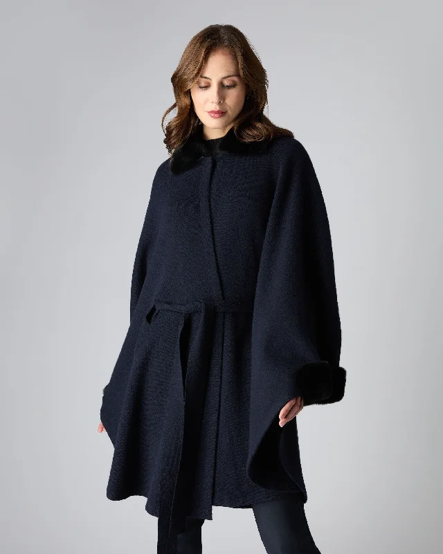 Women's Wool CoatsWomen's Rex Trim Belted Cashmere Cape Navy Blue