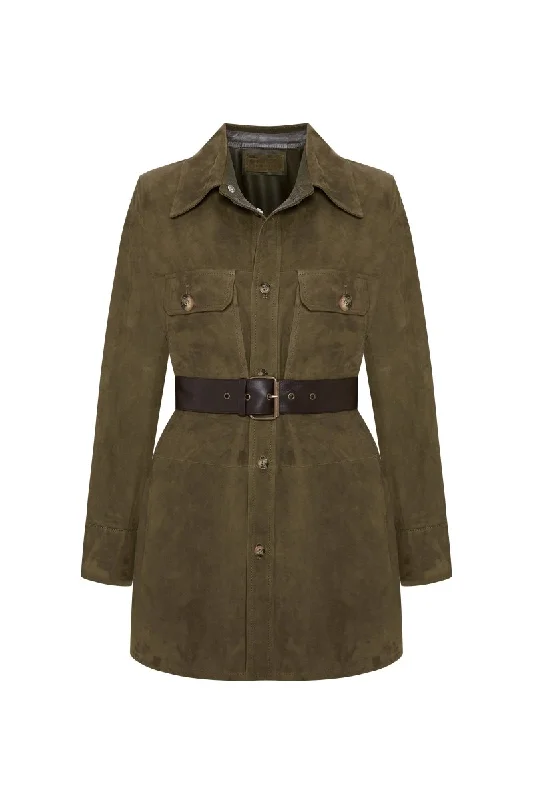 Women's Coats with Fur Trimmed ButtonsGia Women's Belted Suede Oversize Shirt - Khaki