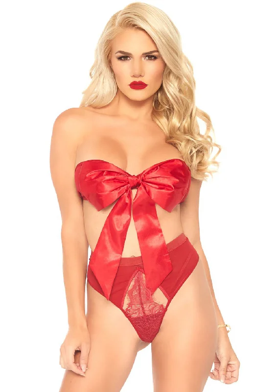 2 Pc Satin Ribbon Gift Bandeau With Hook-N-Eye Back and Matching G-String - Red - Medium