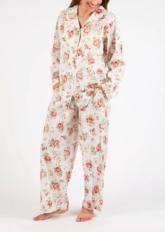 women's pajamas featuring floral embroideryPYJAMA SET - LONG SLEEVES - DARK PINK ROSE FLORAL