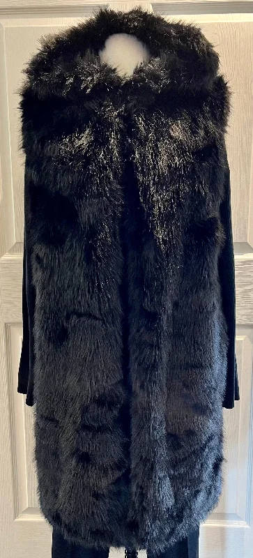 Women's Coats with Fur Trimmed ZipperBlack Faux Fur Duster Vest w/ Hoodie