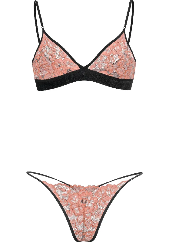 seamless bra for leotards"Athena" - Peach Triangle Lace Set of Bra & Thong / Adjustable Straps & Waist