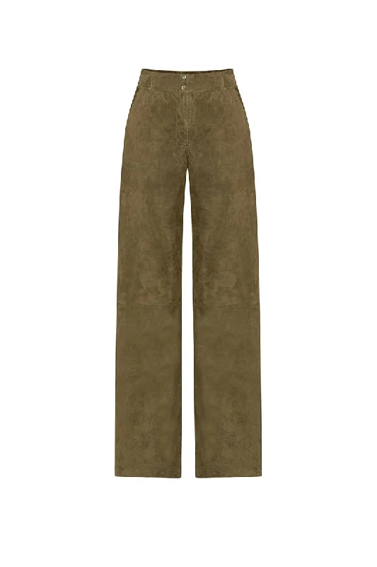 Women's Coats with BeltAva Women's Wide-Leg Suede Leather Trousers - Khaki