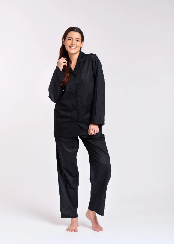 women's pajamas with pockets on the chestPYJAMA SET - LONG SLEEVES - BLACK - MATILDA