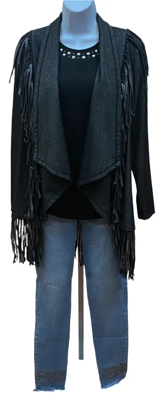 Women's Anorak CoatsBlack Denim Knit Fringe Jacket