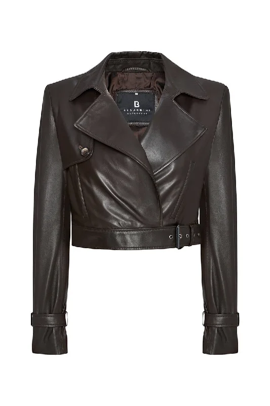 Women's Coats with Fur Trimmed ButtonsBella Women's Cropped Lamb Leather Jacket - Dark Chocolate