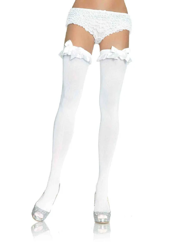 Opaque Thigh Highs With Satin Ruffle Trim and Bow - One Size - White