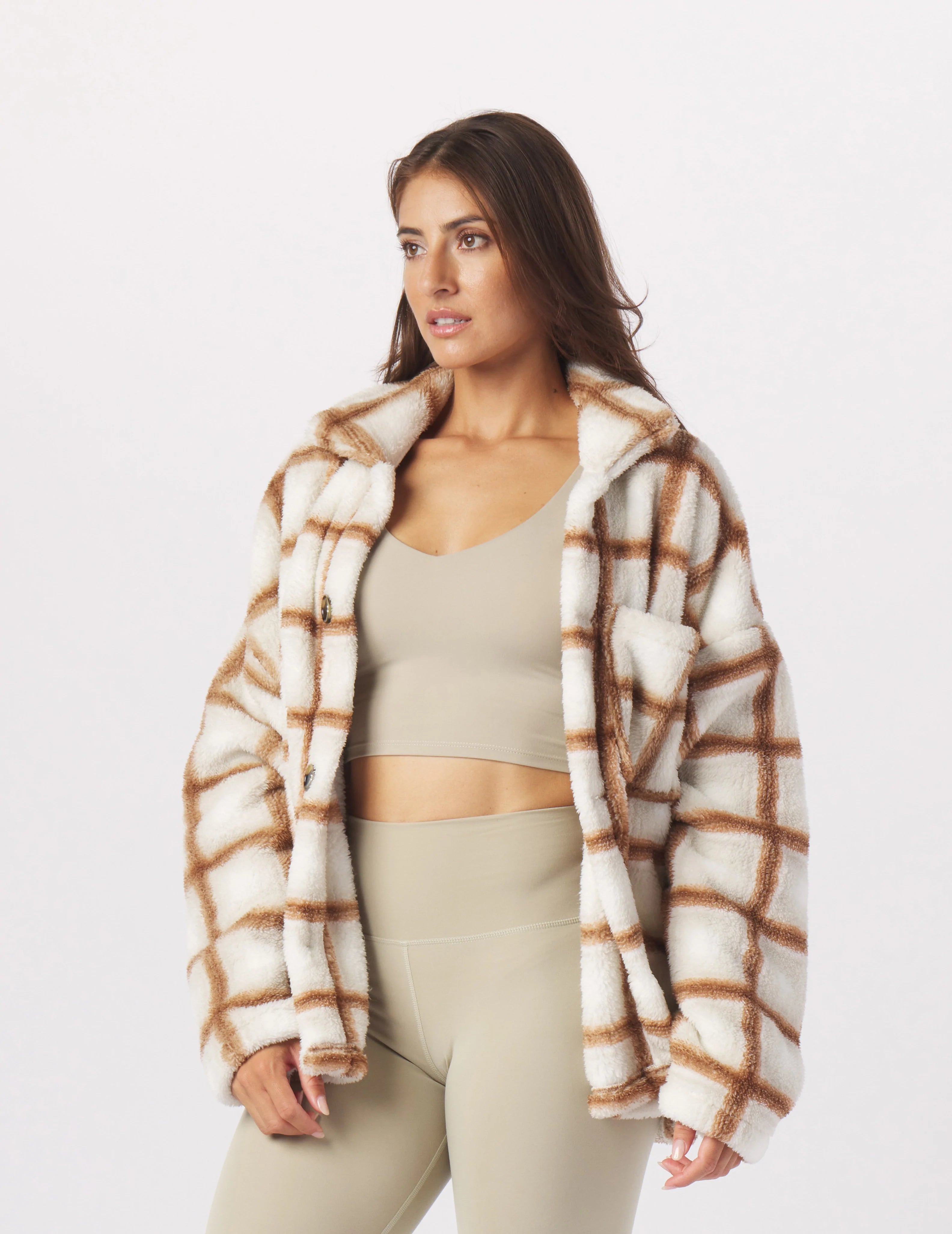 Women's Coats with Fur Trimmed ZipperShow-Stopping Shacket:Oatmilk/Almond Jackson Plaid