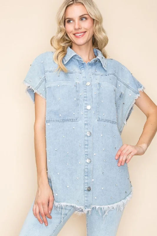 Women's Coats with Fur Trimmed SleevesDenim Short Sleeve Top w/Rhinestones & Raw Hem