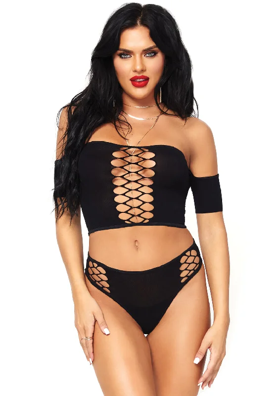 2 Pc Opaque Crop Top With Net Detail and Matching Thong Back Bottoms - One Size - Black