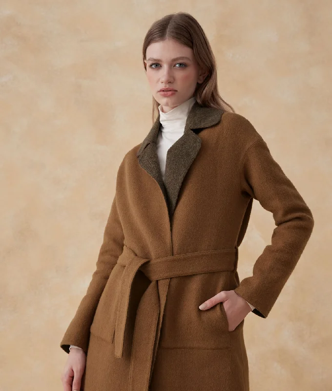 Women's Coats with Fur Trimmed HoodBrown Reversible Baby Alpaca Wrap Coat