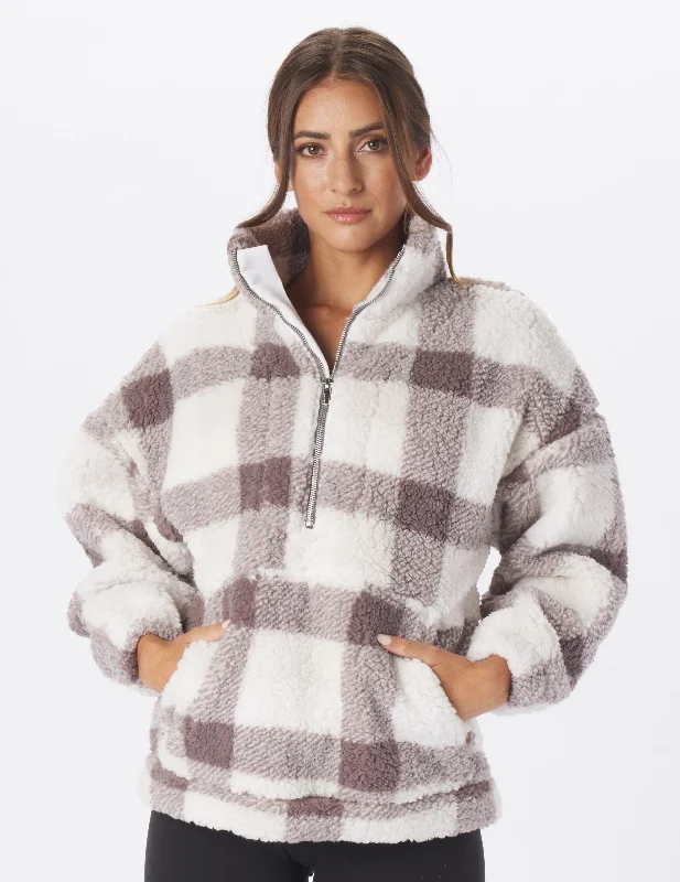 Women's Zip-Up CoatsSherpa Quarter Zip: Silver Fog Window Plaid