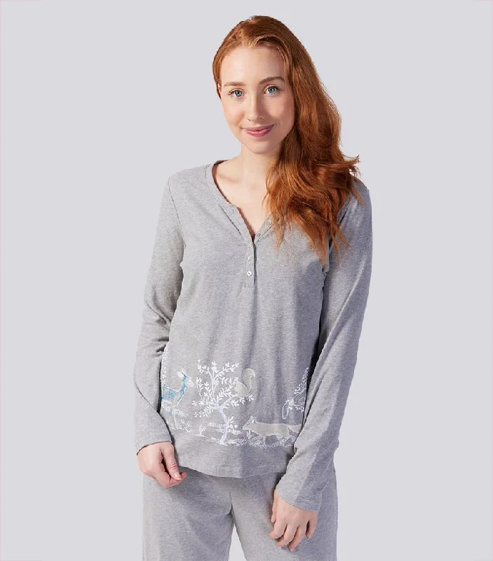 women's pajamas with button-flyPYJAMA TOP - HENLEY TEE - GREY MARLE