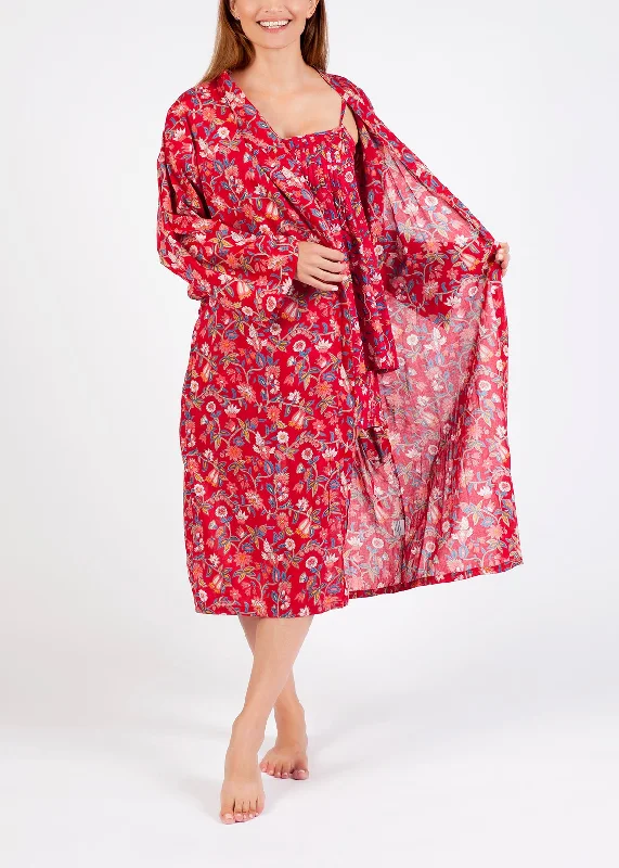 women's pajamas featuring floral embroideryROBE - RED FLORAL COTTON VOILE