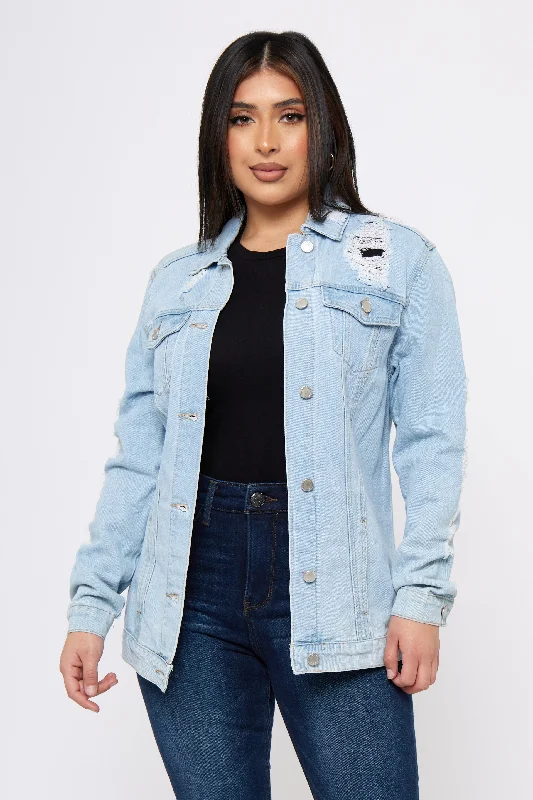 Women's Coats with Fur Trimmed PocketsVoodoo Child - Distressed Denim Jacket