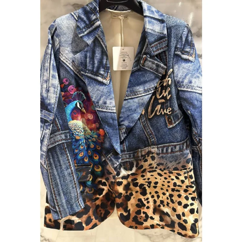 Women's Coats with Fur Trimmed SleevesItalian Denim Look Blazer w/ Peacock Design