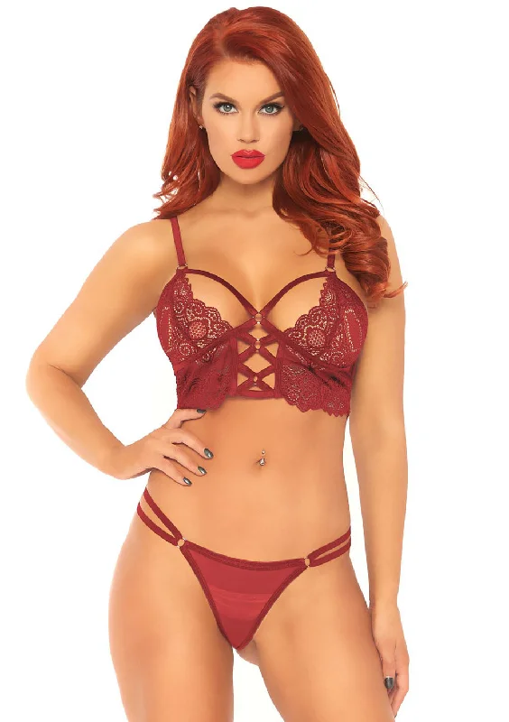 2 Pc Lace Bralette With Cage Strap O-Ring Bodice Detail and Matching G-String - Burgandy - Small/ Medium