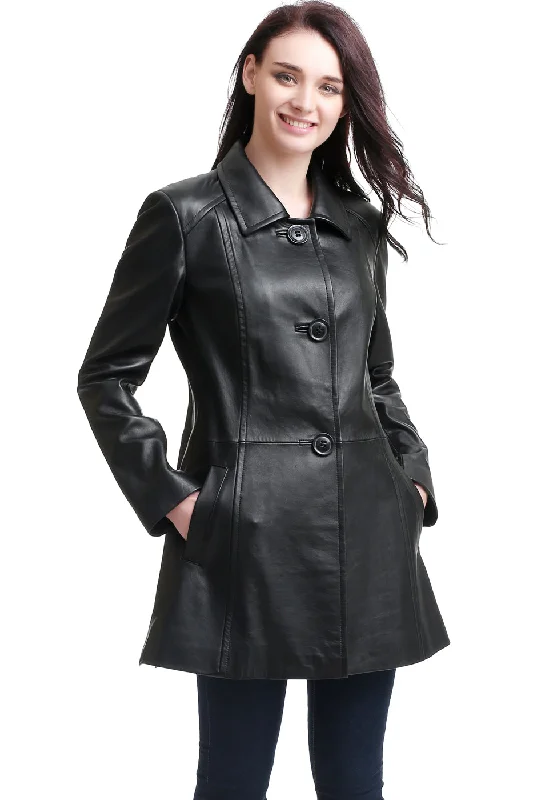 Women's Coats with Fur Trimmed HoodBGSD Women Sarah Lambskin Leather A-Line Coat