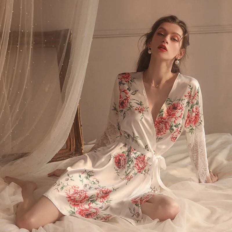 women's pajamas designed for those who believe in sweet dreams and cozy nights.Satin Silk Robe with Belt Women Rose Lace Sleepwear Sexy Lingerie Bathrobe Floral Kimono Bridesmaid Gift Bath Nightgown Summer