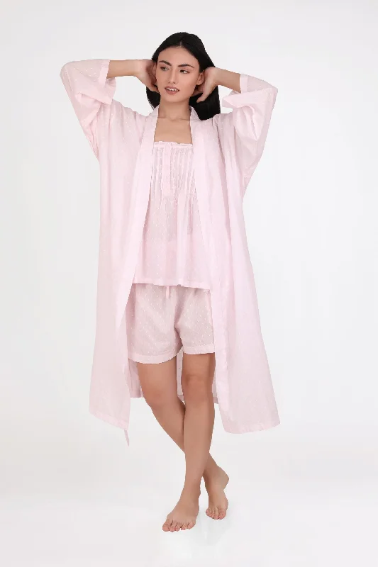 women's pajamas with pockets on the chestROBE - PINK HAIL SPOT COTTON VOILE