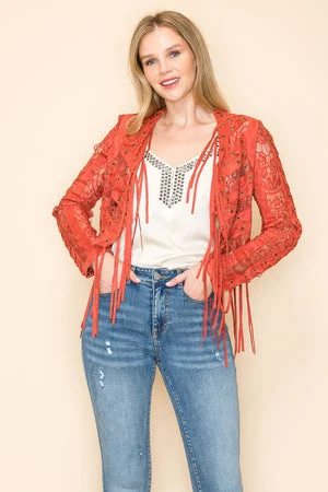 Women's Parka CoatsRust Fringed Lace Crop Jacket