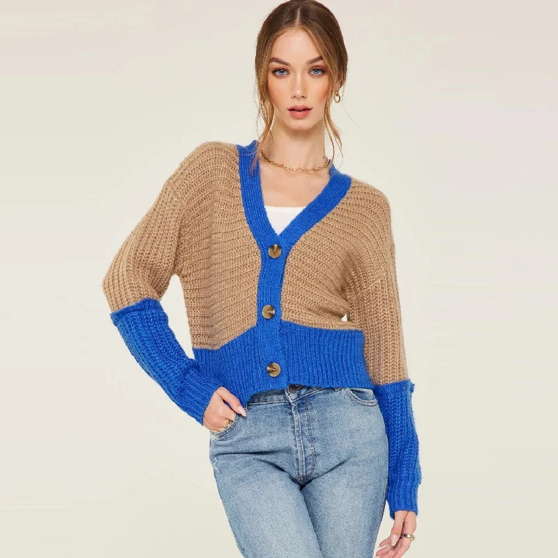 Women's Square Collar SweatersColorblock Button Down Cardigan (Camel Blue)