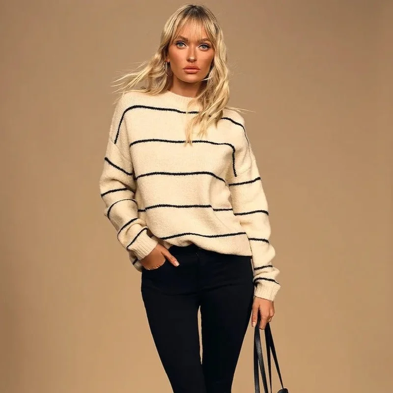 Women's Cable Knit SweatersStripe Long Sleeve Sweater (Black + Cream)