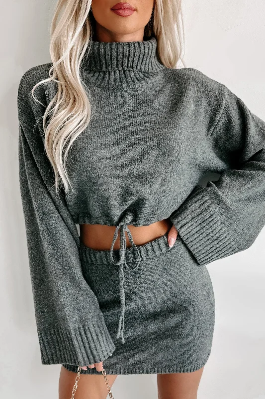 Women's Cotton SweatersChange In The Weather Sweater Knit Crop Top & Skirt Set (Charcoal)