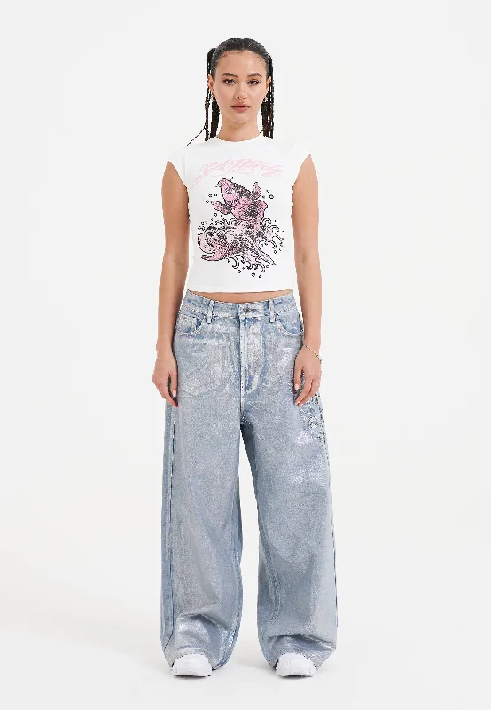 Women's SlacksWomens Butterfly Skull Metallic Xxtra Denim Trousers Jeans - Bleach