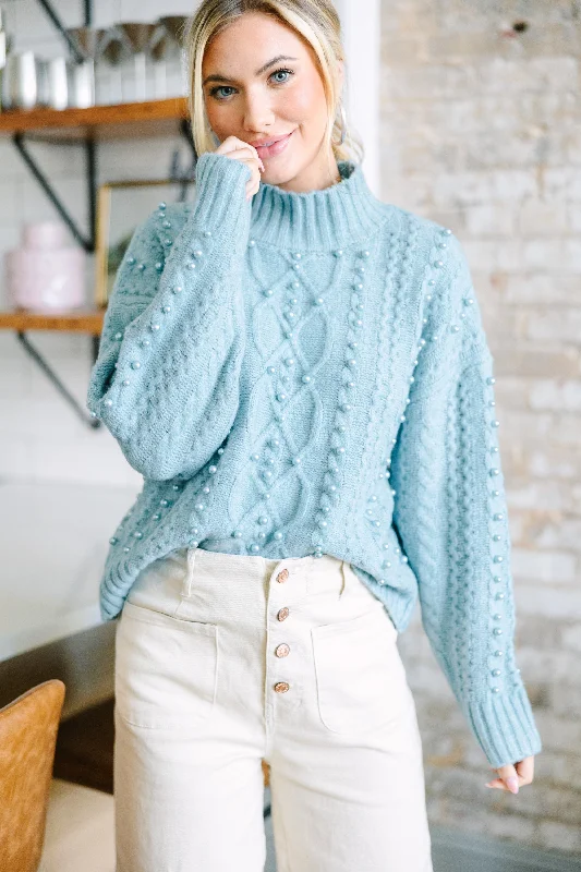 Women's Keyhole Collar SweatersIt's All You Ice Blue Embellished Sweater