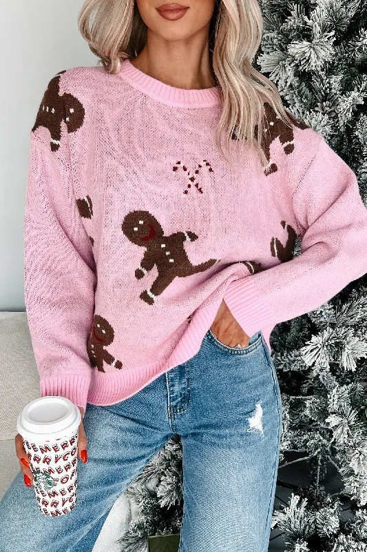 Women's Romanian Wool SweatersChristmas Sweets Gingerbread Man Sweater (Pink)