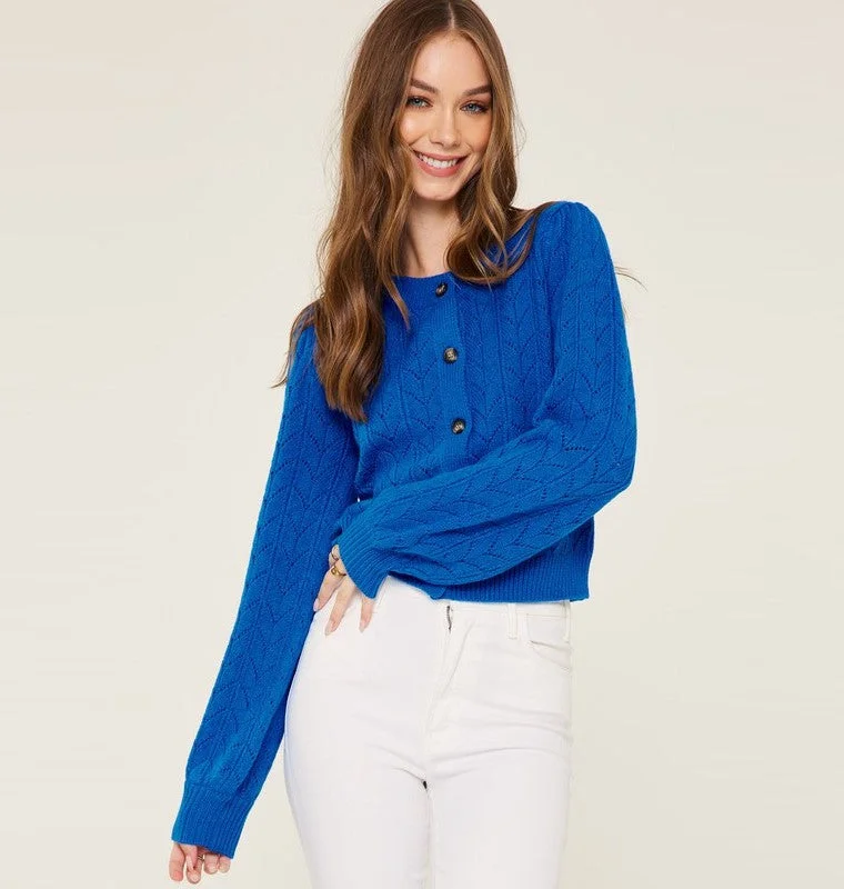 Women's Rounded Hem SweatersPointelle Knit Cardigan (Brilliant Blue)