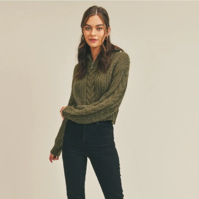 Women's Shawl Collar SweatersCable Knit Half Zip Sweater (Moss)