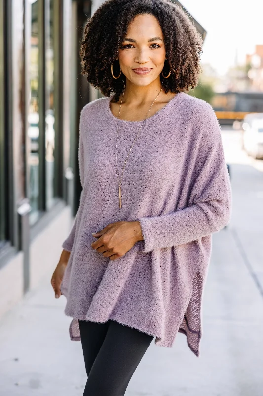 Women's Collarless Design SweatersThink It Over Lavender Purple Fuzzy Tunic